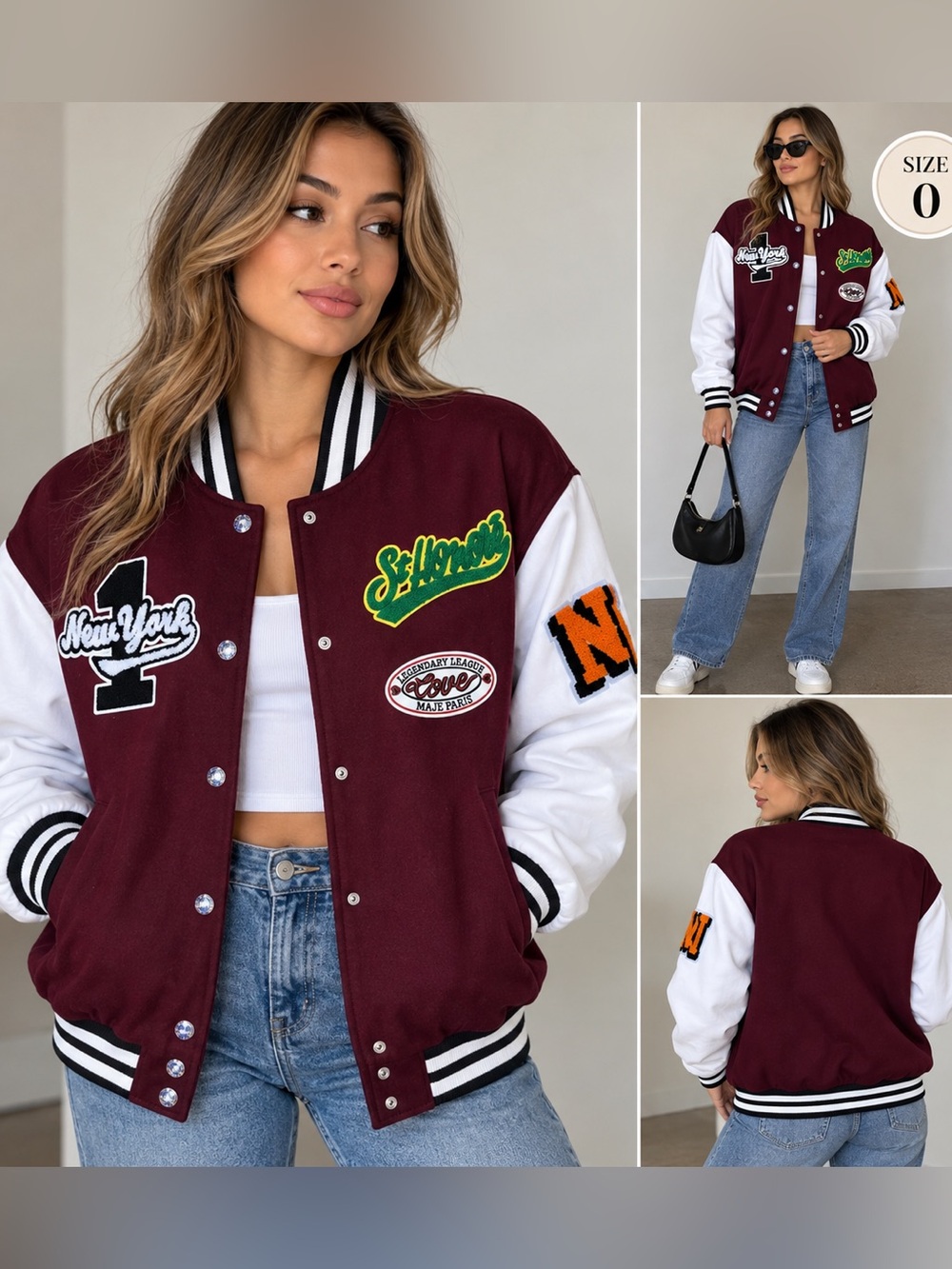 Maje Paris Varsity Jacket Leather Wool Bomber Burgundy Sz 0 XS